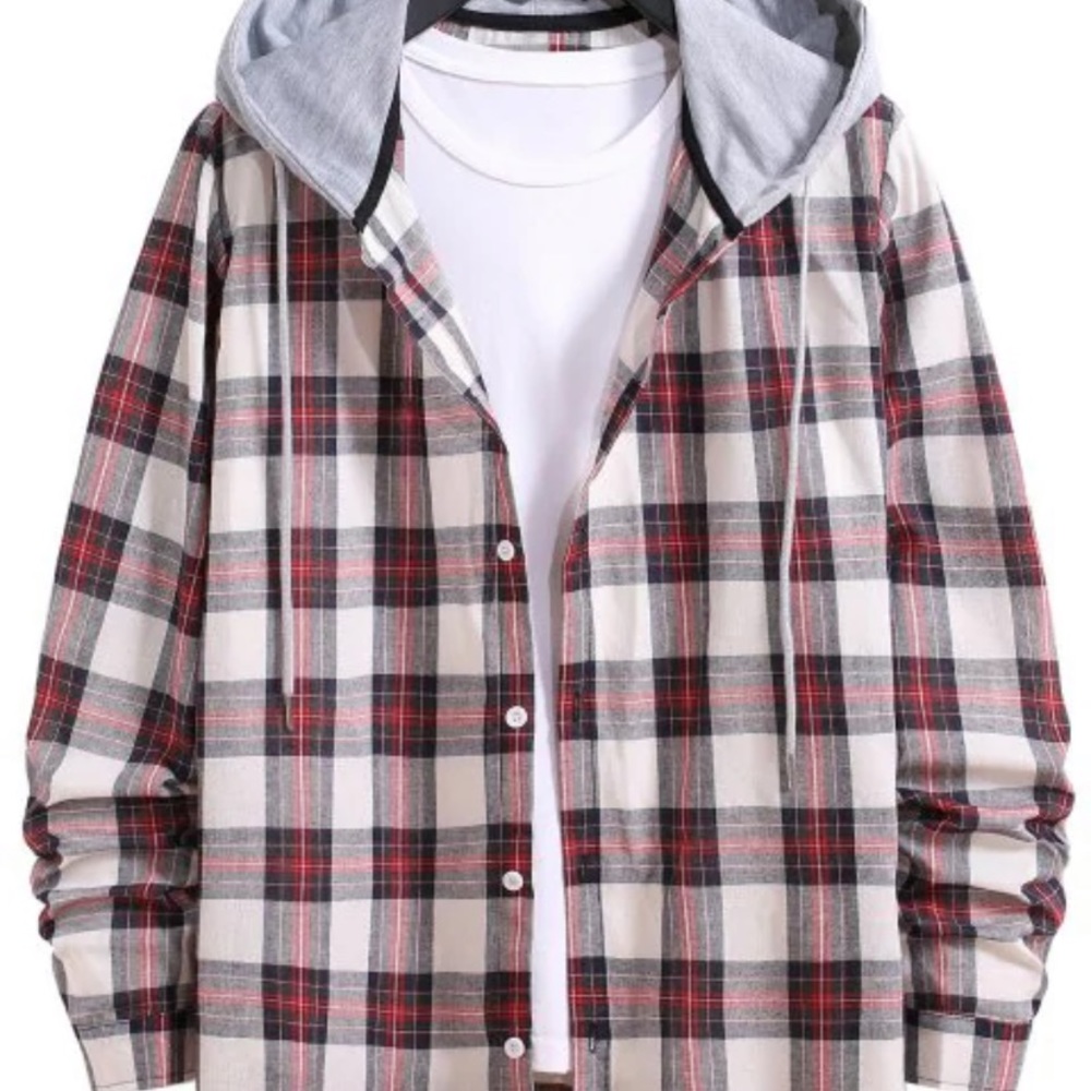 Drawstring Hooded Plaid Print Button Up Shirt